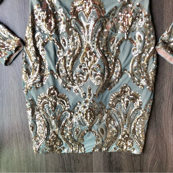 Dress the Population Lola Mini Dress Size L Grey/Green Gold Sequin NWT Mermaid - Picture 7 of 16